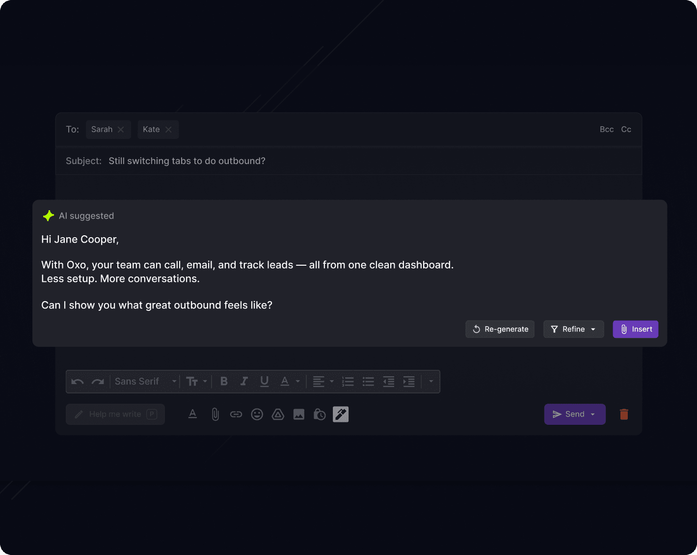 OXO editable AI email suggestion for consulting outreach