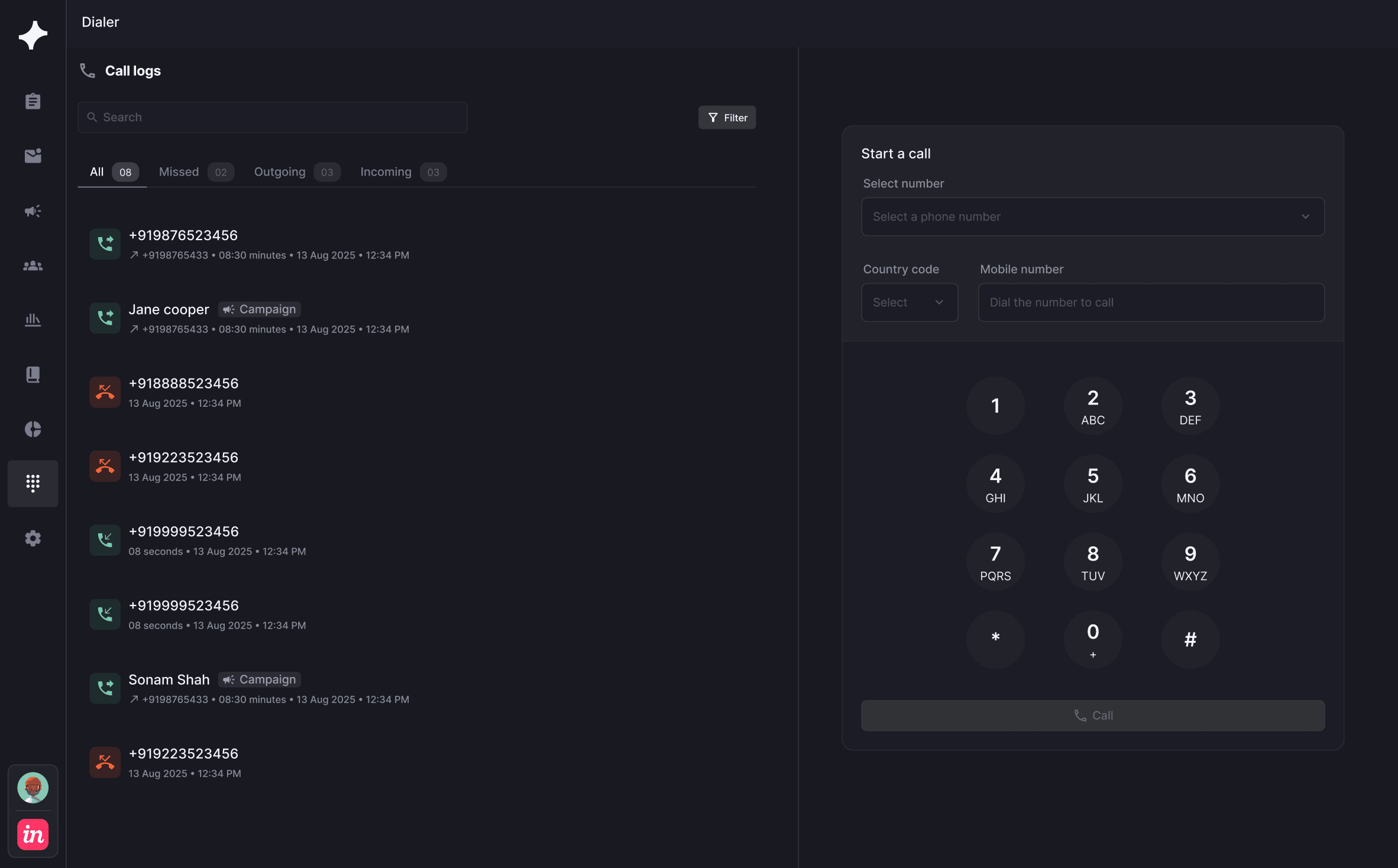 OXO sales dialler with country and phone context